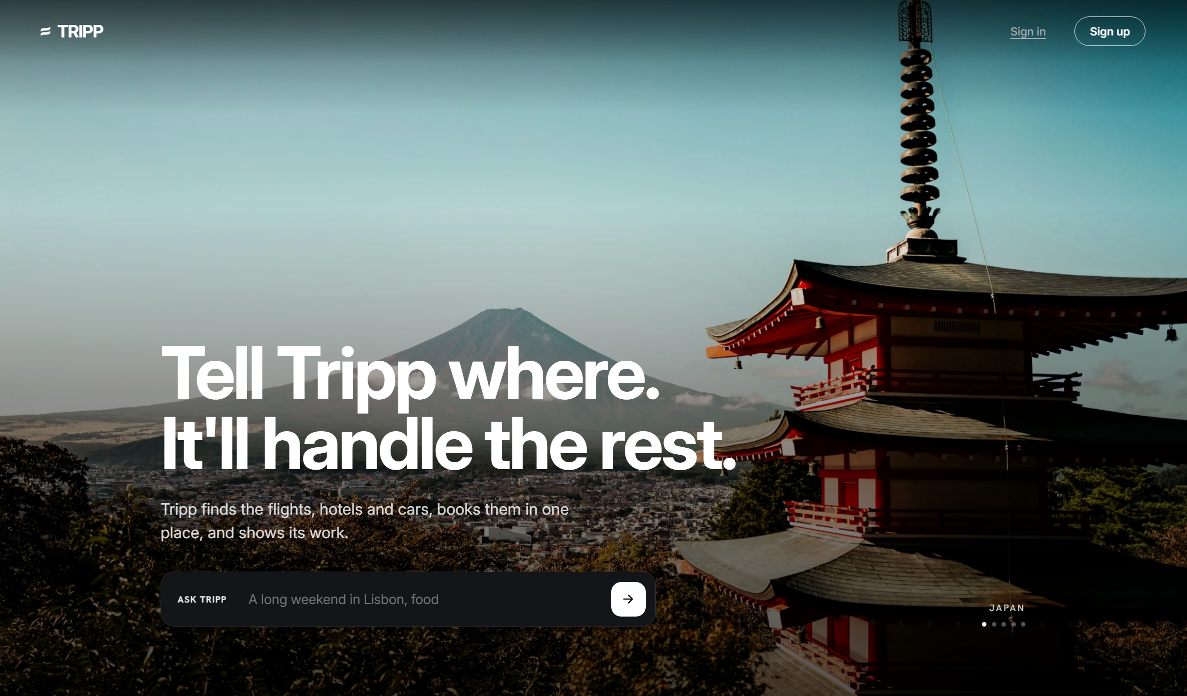 Tripp's home screen: a single ask field over a photograph of a pagoda and Mount Fuji.